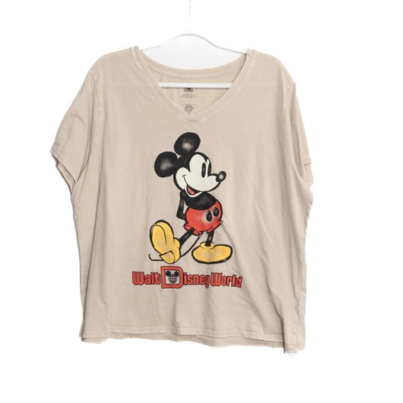 Vintage Size 1X Walt Disney World Mickey Mouse Beige V-Neck T-Shirt - Picture 1 of 8
